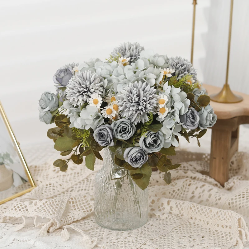 Ramo de té rosa de seda delicada, girasol, decoración de boda, hogar, Día de San Valentín, Hortensia de diente de león, flores artificiales