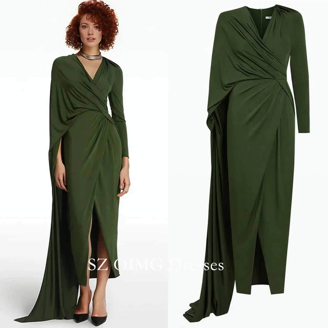 

OIMG Arabic Simple V-Neck Satin Evening Dress Fashion Customized Ruched Vintage Green Wedding Party Gowns For Women 2024