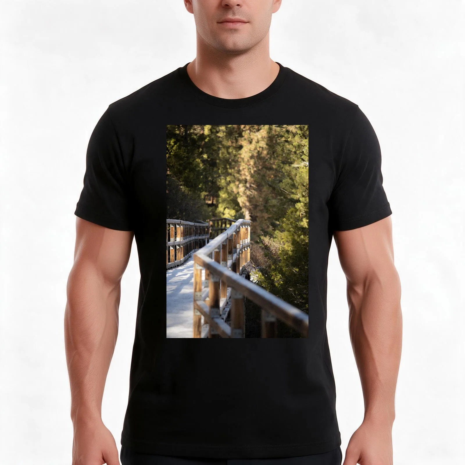 Snowy Bridge by Hume Lake T-Shirt, Summer Casual Cotton Tee, Oversized Streetwear Tops, Vintage Graphic Print, Unisex Men Women