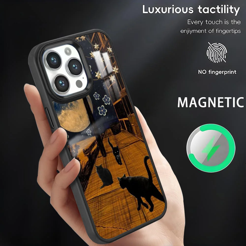 

black cat art cute Phone Case For iPhone 16 15 14 13 12 11 Pro Max Plus Mini Magnetic Magsafe Wireless Charging Cover Coque