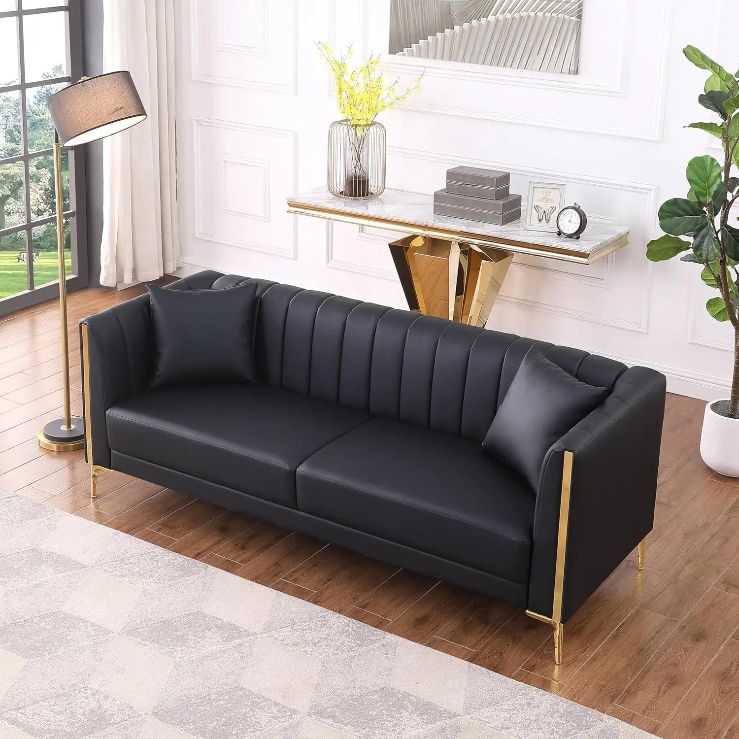 78'' Sofa Faux Leather 3 Seater Sofa with 2 Throw Pillows and Gold Metal Legs, Deep Seat Sofas for Living Room (Black) image 4