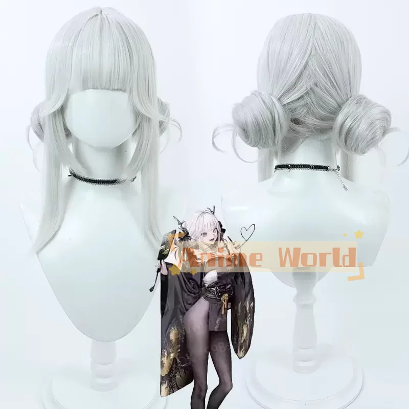 Nikke Goddess of Victory Blanc Cosplay Wig Silver Gray Buns Synthetic Hair Halloween Carnival Party Role Play + Free Wig Cap