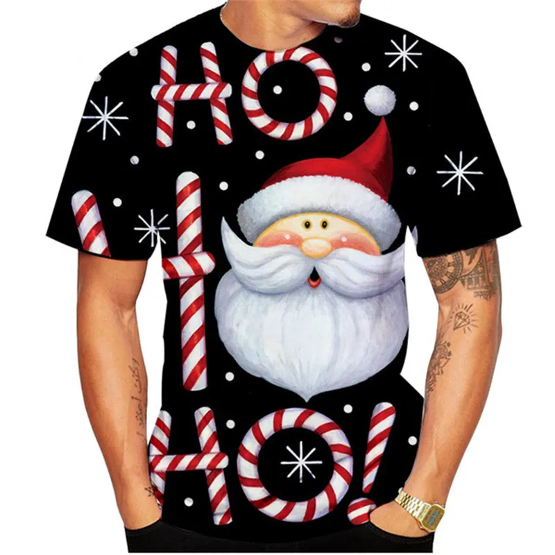 Short Sleeve Christmas Style Men's T-Shirts Streetwear Round-Neck 3D Print T Shirt Santa Claus Cartoon Pattern Tops Tee Big Size