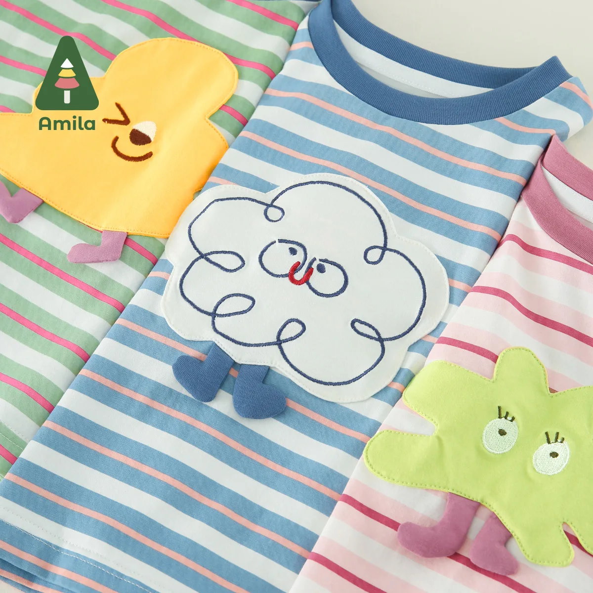 Amila Baby Short Sleeve T-shirt 2023 Summer New Cute Cartoon Collage Boys and Girls Casual Round Neck Striped Clothes 0-6Y