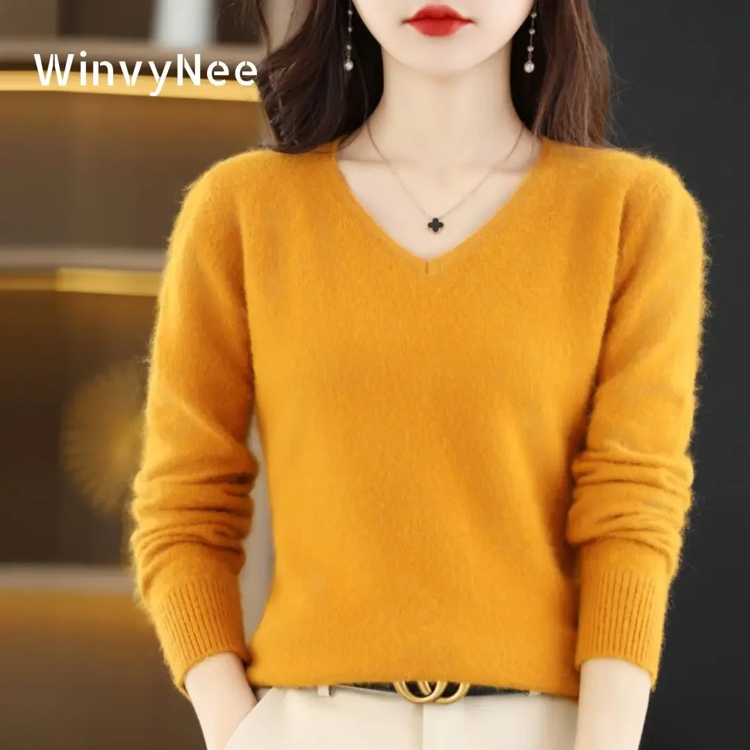 WwiyNee-Suéter de caxemira de vison feminino, decote V, tops sólidos, pulôveres de malha extragrande, roupas de inverno, Casacos, A1248009, 2024