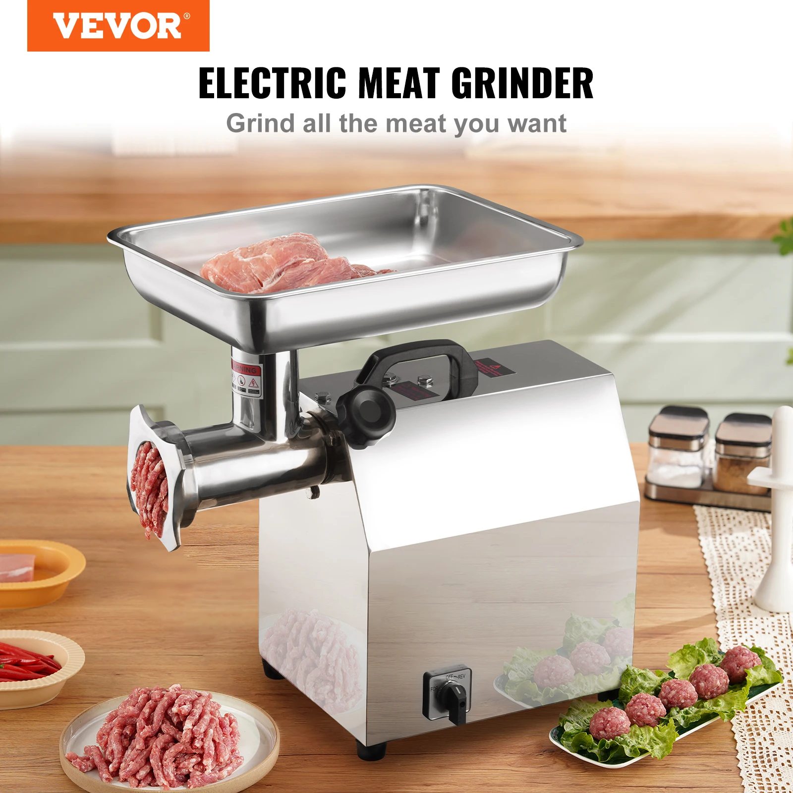 VEVOR Electric Meat Grinder Food Processors Sausage Maker Filler Mincer Stuffer Stainless Steel with 2 Blades for Home Kitchen