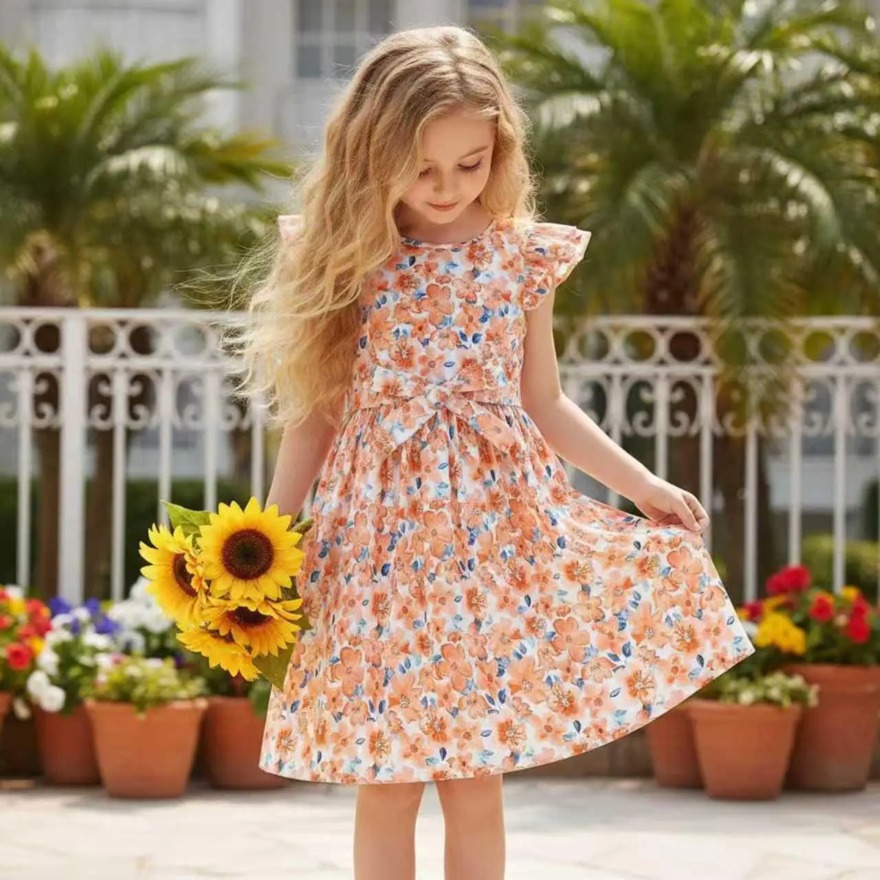 

2026 Girls' Dress Floral Print Casual Knee-Length Dresses Summer Outfit for Teen Girls For 5 6 7 8 9 10 11 12 13 Years