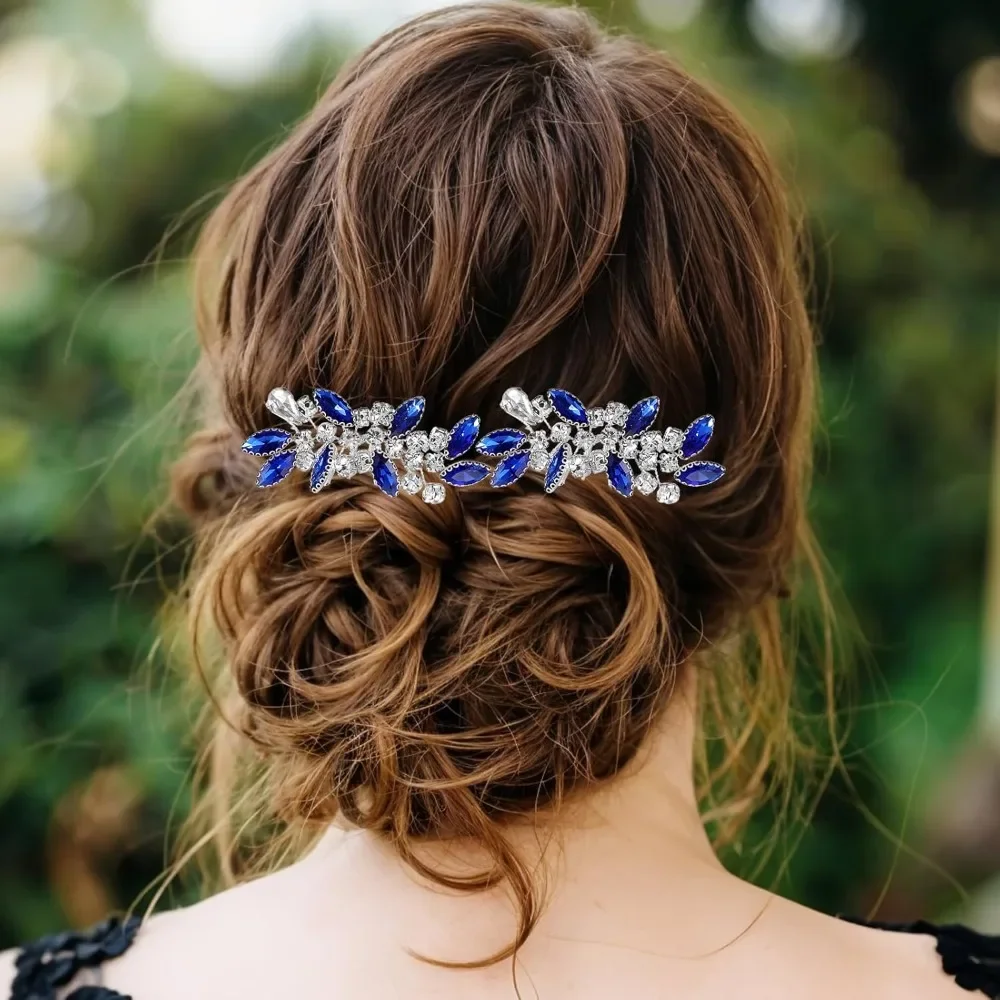 دبابيس شعر الزفاف الكريستالية، قطعتان من قطعة شعر الزفاف من حجر الراين الأزرق، مشط شعر كريستالي عتيق، دبوس شعر لتصفيف الشعر #2