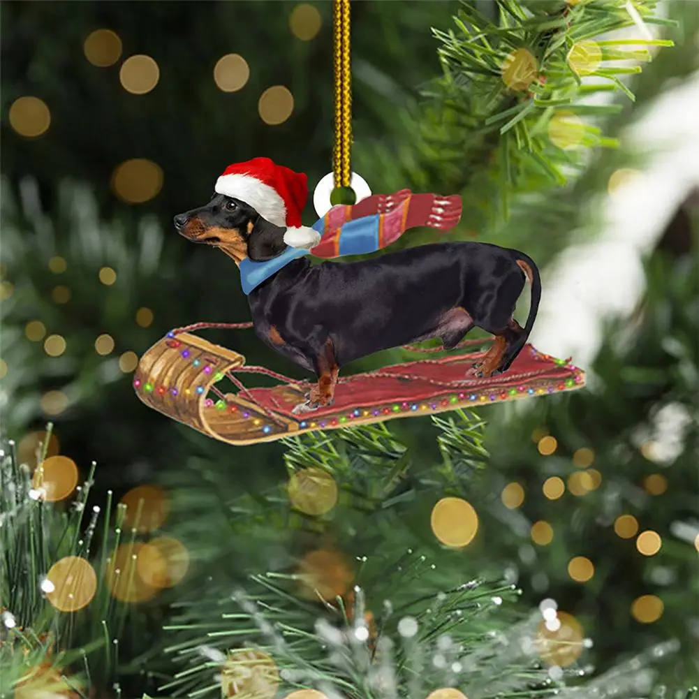 Christmas Tree Pendant with Lanyard Acrylic Xmas Sled Dachshund Series Hanging Ornament Decor Christmas Tree Decoration