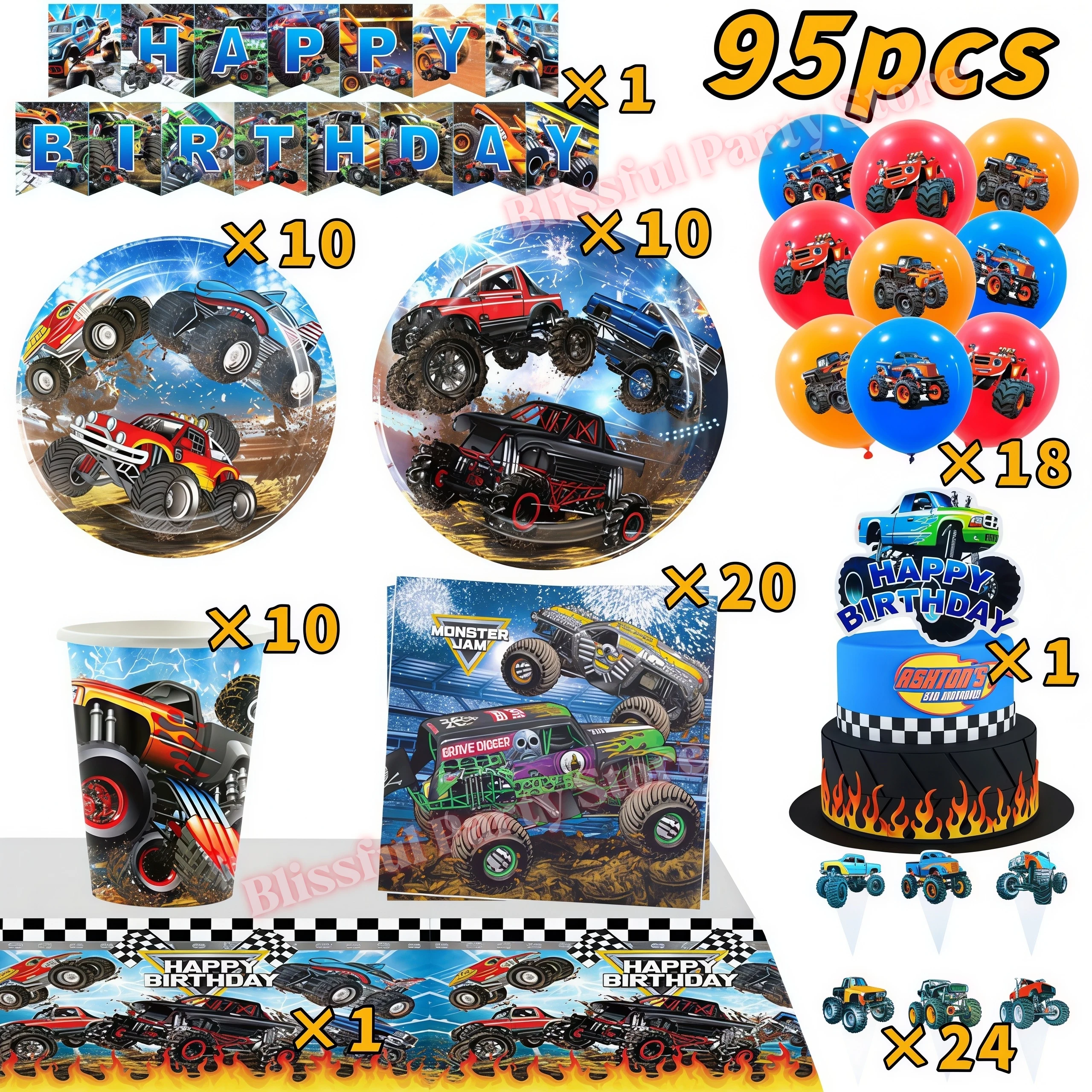 Monster Truck Party-Zubehör Jungen Rennwagen-Party-Dekorationen Teller Becher Luftballons Banner für Kinder Jungen 2. Geburtstag Party-Dekorationen – Detail 26
