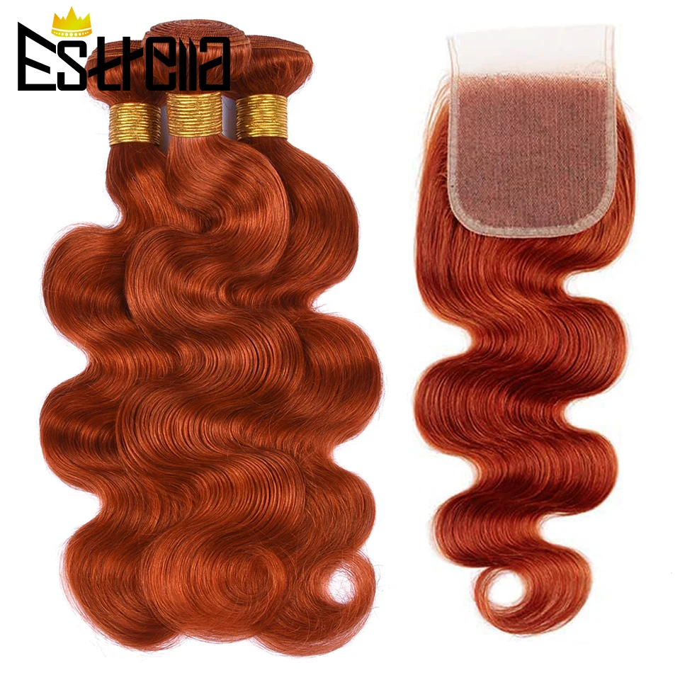 Body Wave Ginger Orange Bundles With Closure 3/4 Bundles with Closure Colored Human Hair Bundles With Ear To Ear Lace Closure