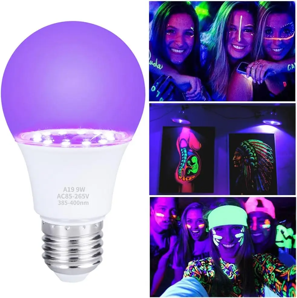 (6-Pack) Black Light Bulbs A19,9W LED Purple Bulb 75W Equivalent,E26 Medium Base Blacklight Bulb 385-400nm,Glow in The Dark,Hall