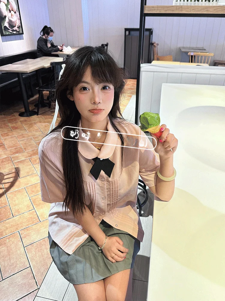 

Original Milk Flavored Cherry ort Sve JK School orm irt Women's Summer New Sle Slim Fit Commute Faion Pure Color