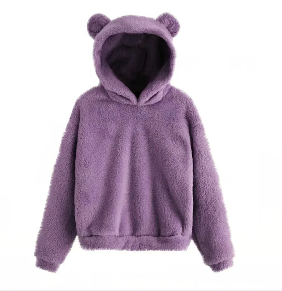 Women's New Fall and Winter Fashion Villus Rabbit Ears Hooded Thermal Hoodie Solid Color Loose-fitting Thick Pullover Hoodie Y2k