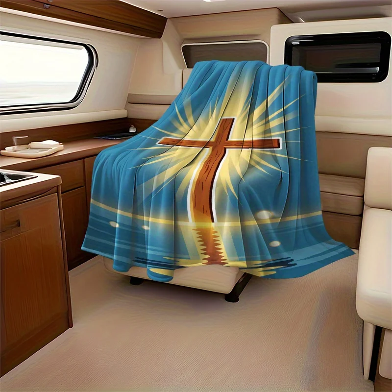 Golden Cross Sunrise Religious Fleece Throw Blanket Soft Bedspread for RV Camper Travel Sofa