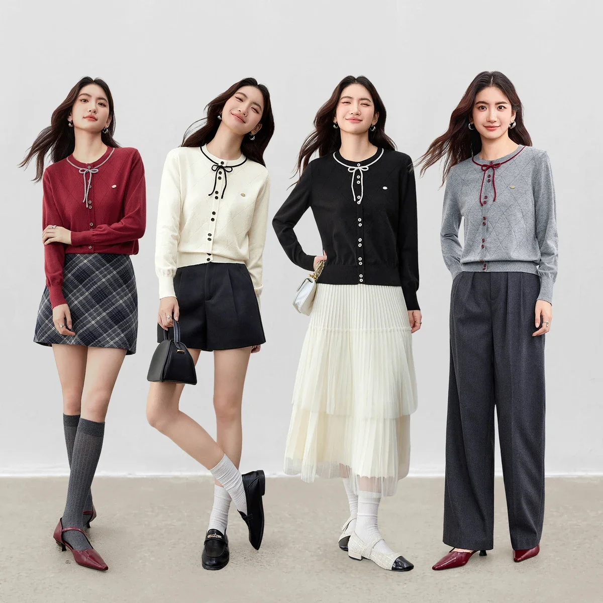 SENTUBILA Damen-Cardigan mit Schleifendetail, Herbst, elegant, Rundhalsausschnitt, Kontrastpullover und Pullover, langärmelig, Damenoberteile W53HE3389