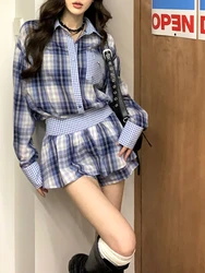 2024 New Korean Fashion 2 Piece Set Spicy Girls Casual Striped Long Sleeve Shirt + Elegant Slim Y2k Skirt Shorts Woman Outfits