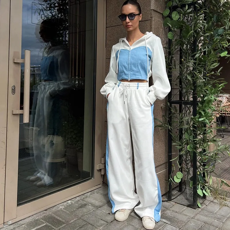 Casual Contrast Hoodies Pants Sets Women Slim Zipper Short Hooded Coats Lace Up Wide Leg Pant 2025 Autumn Lady Fashion Tracksuit