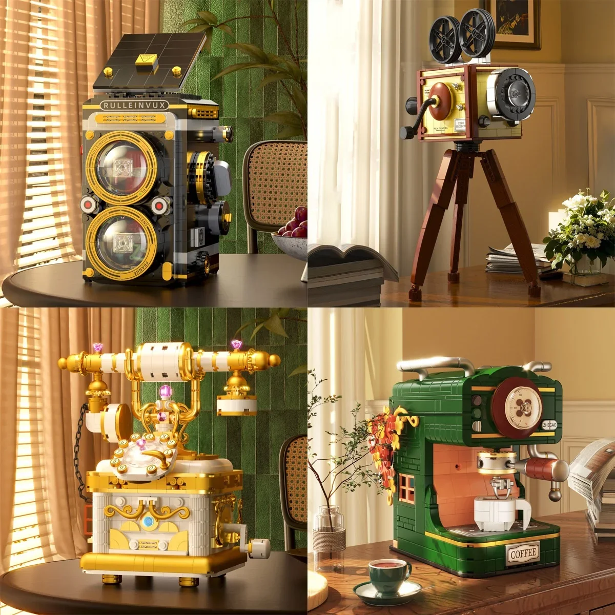 Série Golden Age Home: câmera retrô funcional, projetor de filmes, telefone rotativo e Espresso - kit de construção de modelo