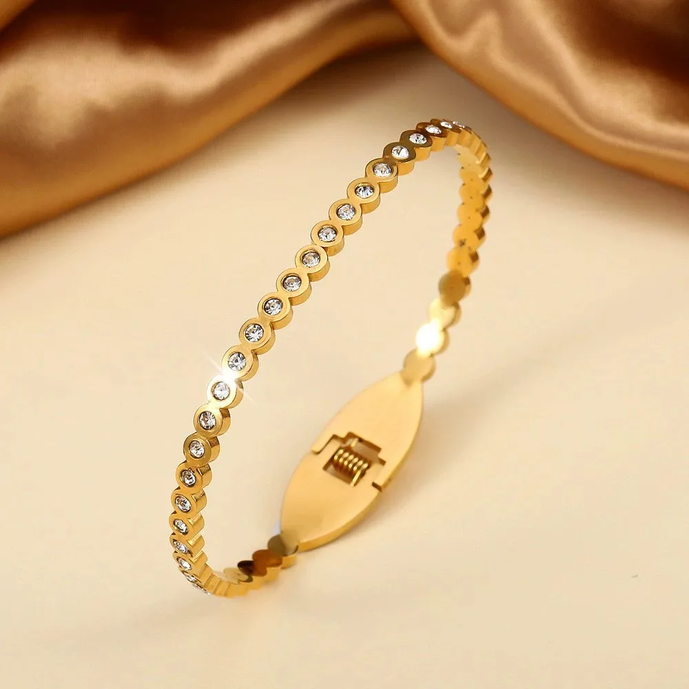 Stainless steel bracelet cross-border women's round bead diamond plated 18k gold open bracelet titanium steel bracelet