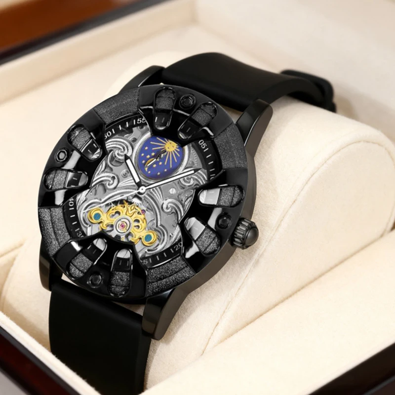 

A men's silver and black casual fashion niche Sun and Moon strap fully automatic tourbillon mechanical watch
