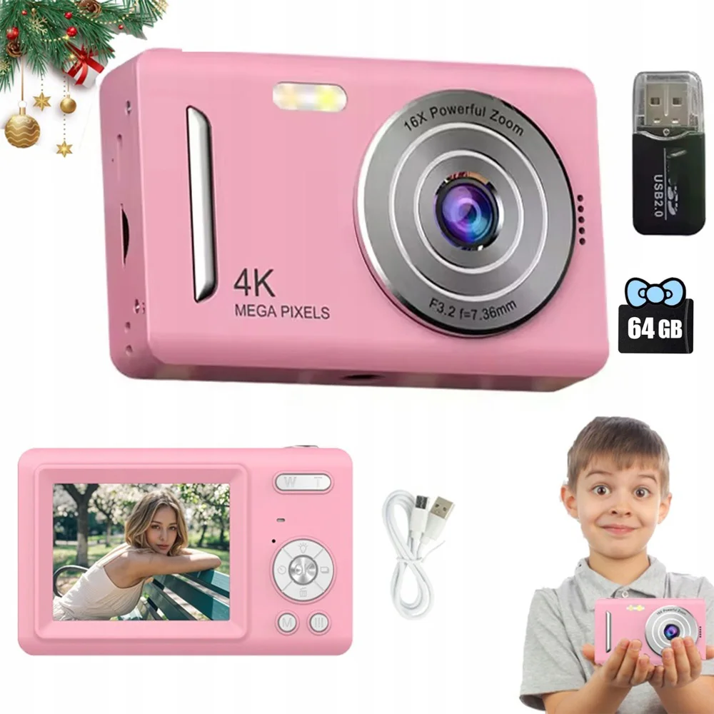 Spedizione rapida. Fotocamera digitale 4K per bambini, HD 1080P, schermo LCD da 2,4 pollici, fotocamera con 44 megapixel, zoom 16x, fotocamera compatta per principianti, con scheda di memoria da 64