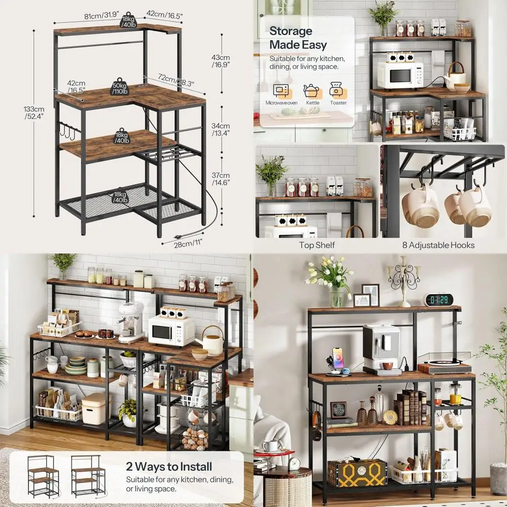 

4-Tier L-Shaped Kitchen Stand with Power Outlet, Storage, and 8 Hooks in Rustic Brown and Black