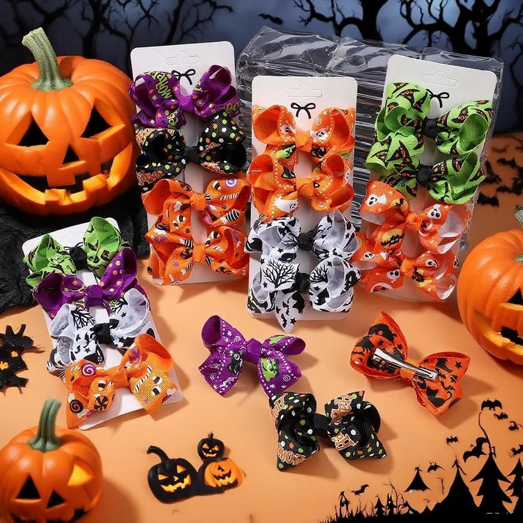

4Pcs/set Halloween 3D Bows Hair Clip for Baby Girl Skull Pumpkin Ghost Hairpin Party Headdress Kids Hair Accessories Wholesale