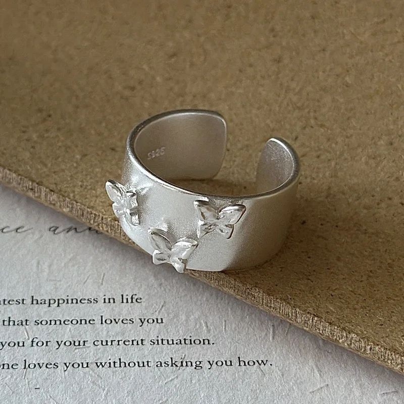 925 Sterling Silver Rings For Women Geometric Fine Jewelry Finger Adjustable Simple Wide Butterfly Ring For Party Birthday Gift