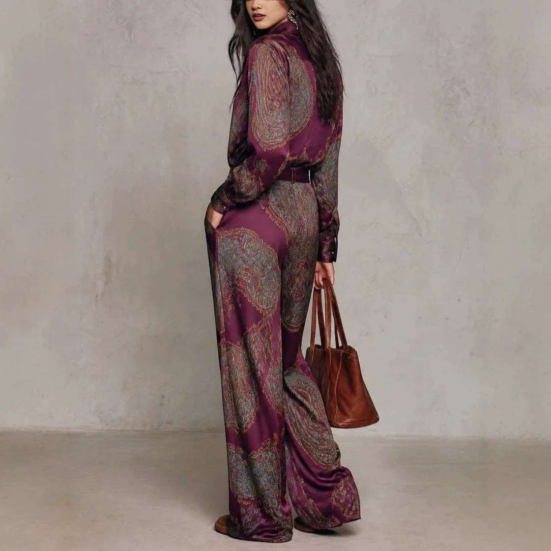 Spring Autumn Women's Bohemian Paisley Print Two-Piece Set Lapel Neck Long Sleeve Blouse Top Wide Leg Pants Casual Loose Suit 