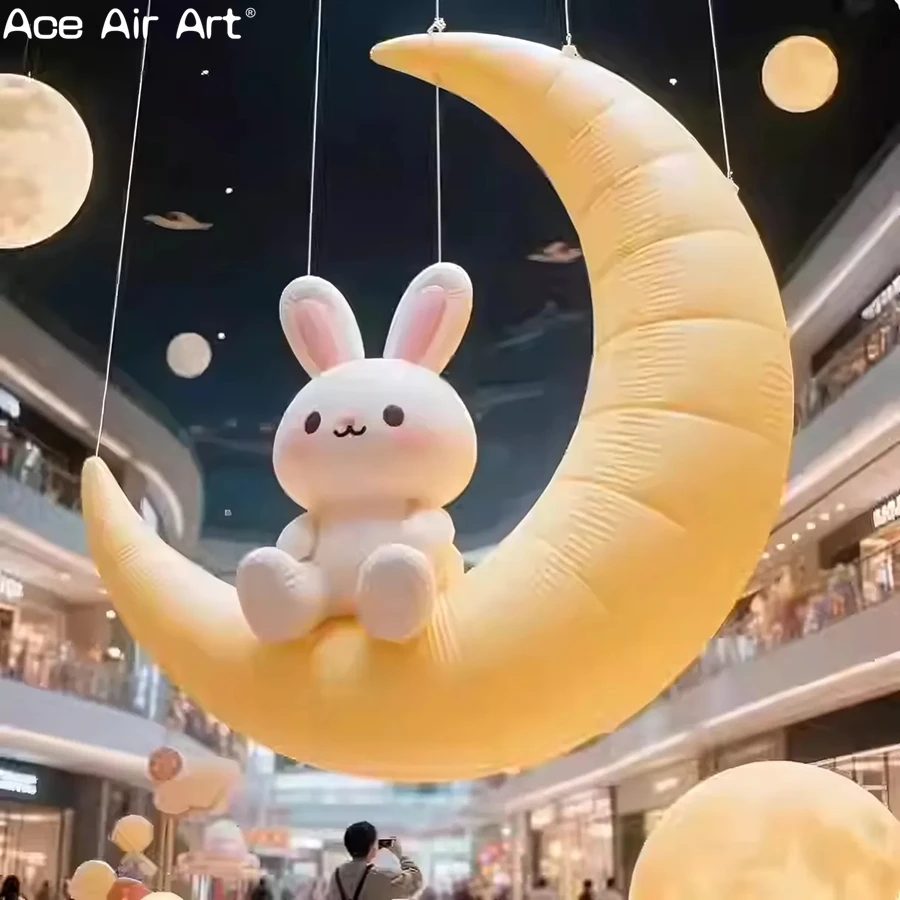 

Надувной полумесяц и кролик, подвесной стиль с огнями, красивое праздничное украшение