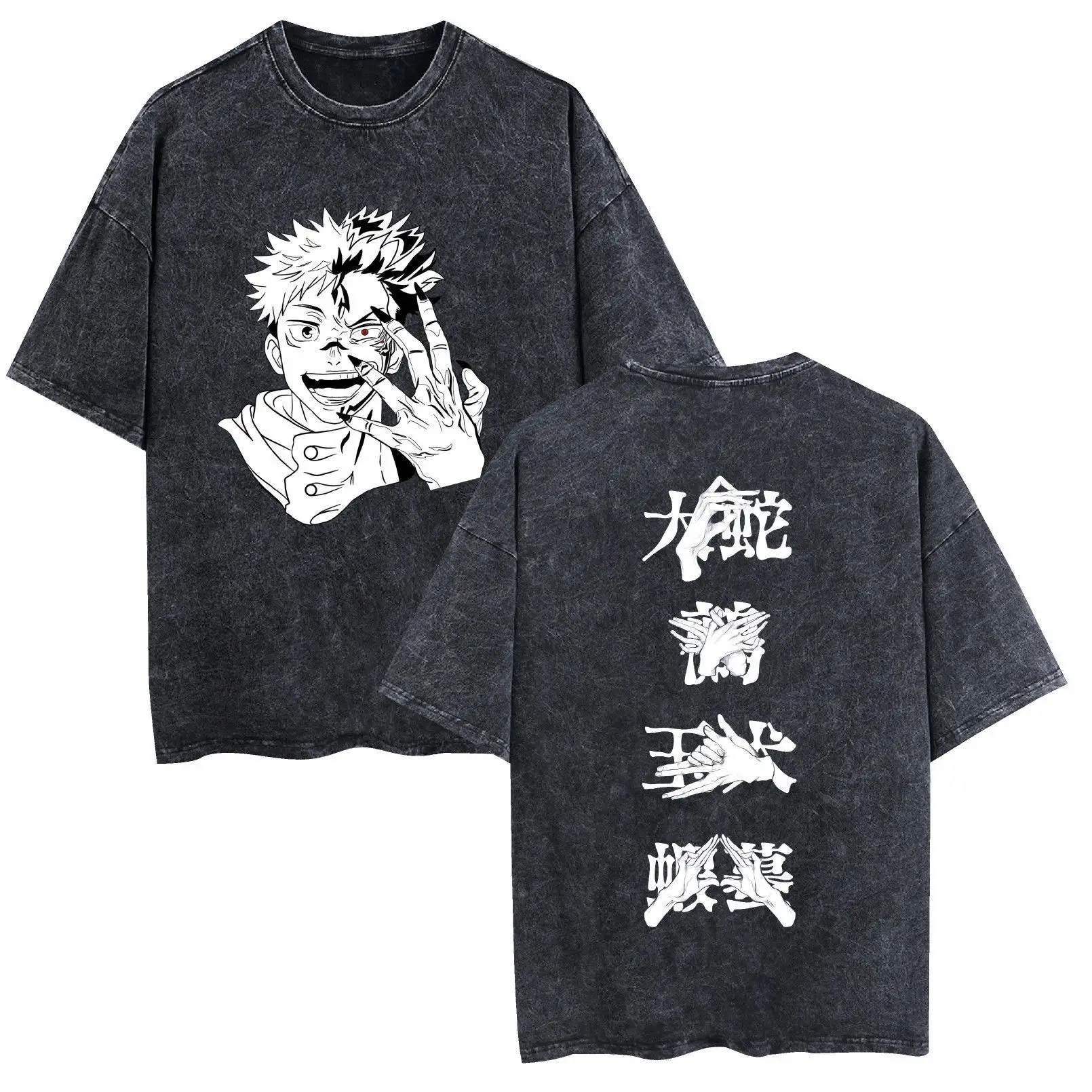 

Футболка из выстиранного хлопка Jujutsu Kaisen с графическим принтом пальца Рёмена Сукуны, свободного кроя, с коротким рукавом, унисекс, аниме-топ