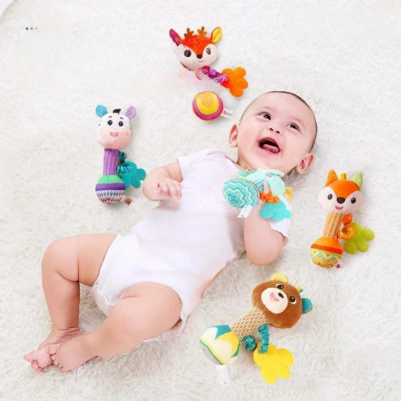 Baby Rattles Soft Stuffed Animal Rattle Hand Grip Baby Toys Shaker Crinkle Squeaky Sensory Travel Accessories for Toddler Gifts