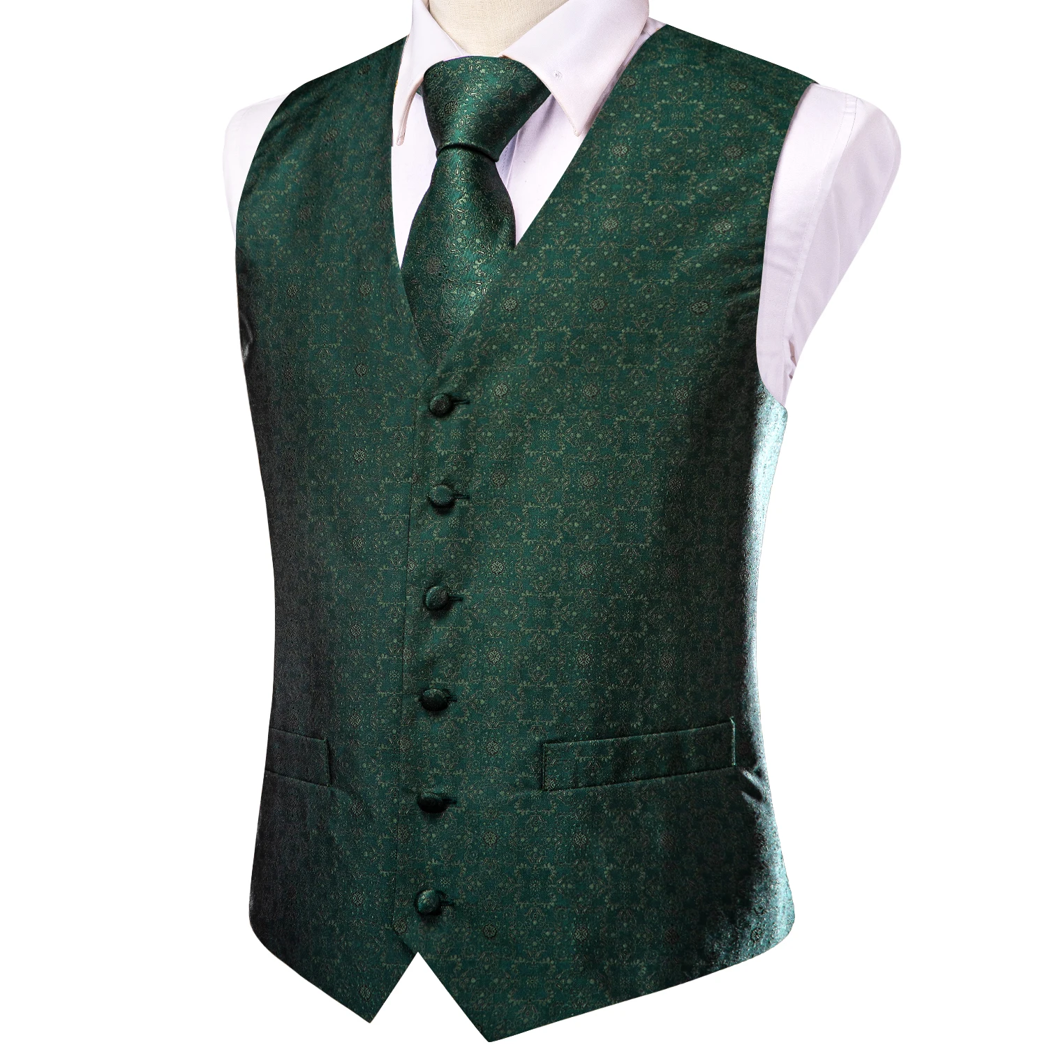 Dark Green Silk Men Vest Tie Elegant Solid Dress Sleeveless Jacket 4PC Hanky Cufflink Paisley Suit Waistcoat Wedding Gift Hi-Tie