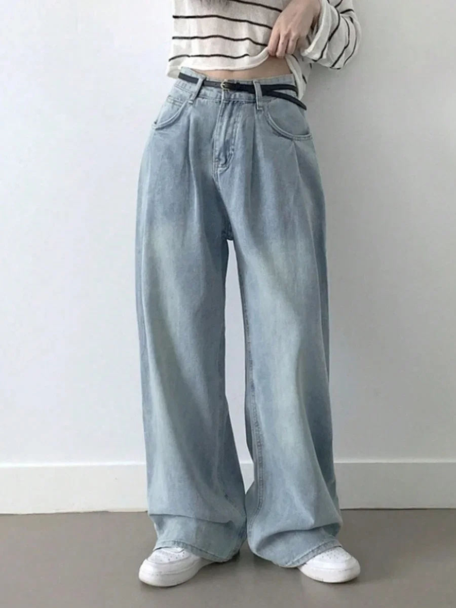 South Dongdaemun Summer Hong Kong Flavor Retro Washed Faded Wide-Leg Pants High Waist Loose Slimming Straight Jeans Women Z313