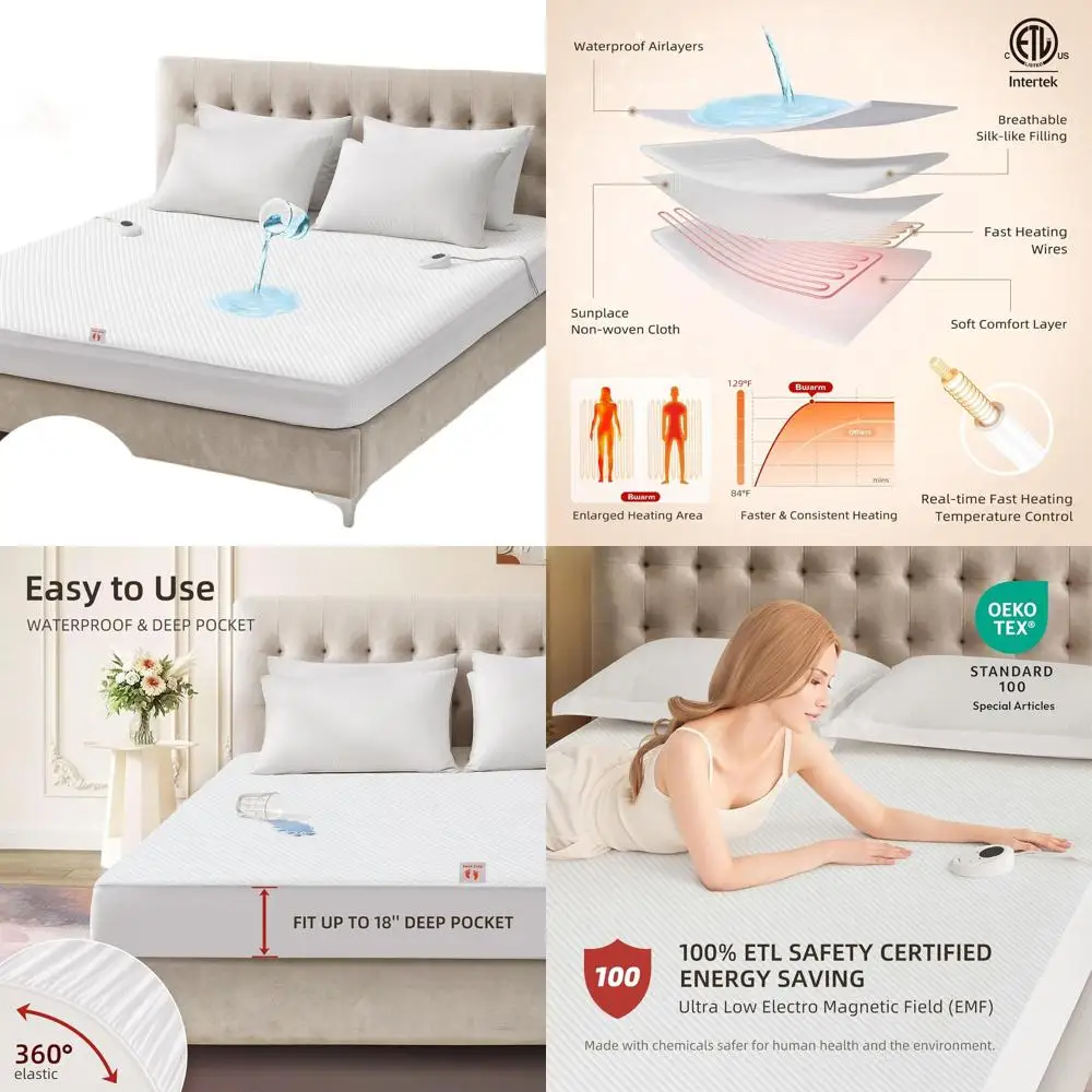 

King Size Waterproof Electric Mattress Pad with 9 Heat Levels, Auto-Off, Memory Function, Deep Pockets & Washable White Cover