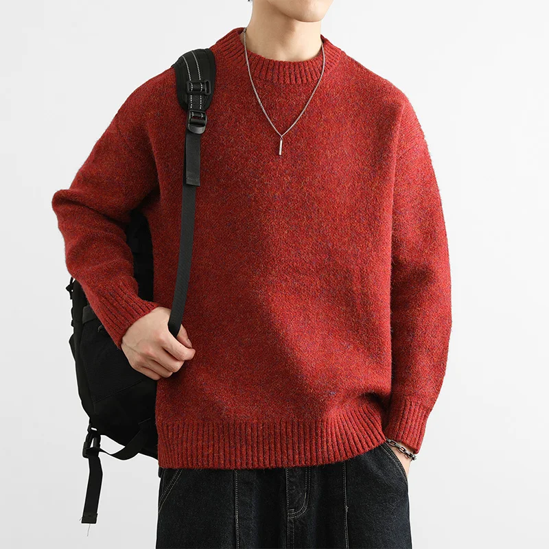 

Утепленный вязаный свитер свободного кроя в американском винтажном стиле, красный, с круглым вырезом, осенне-зимний, шерстяной