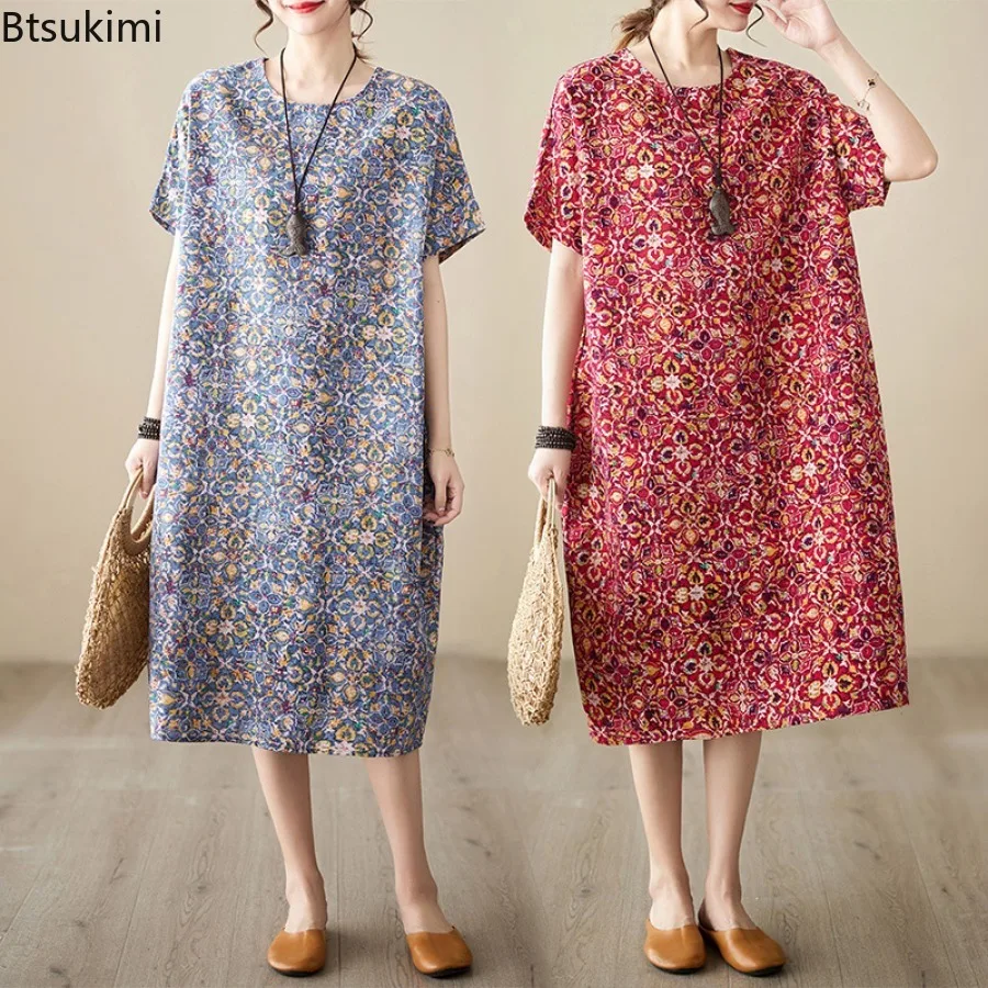 

Vintage Cotton Linen Printed Summer Dresses for Women 2024 Breathable Casual Loose Maxi Dress Temperament Elegant Clothing Femme