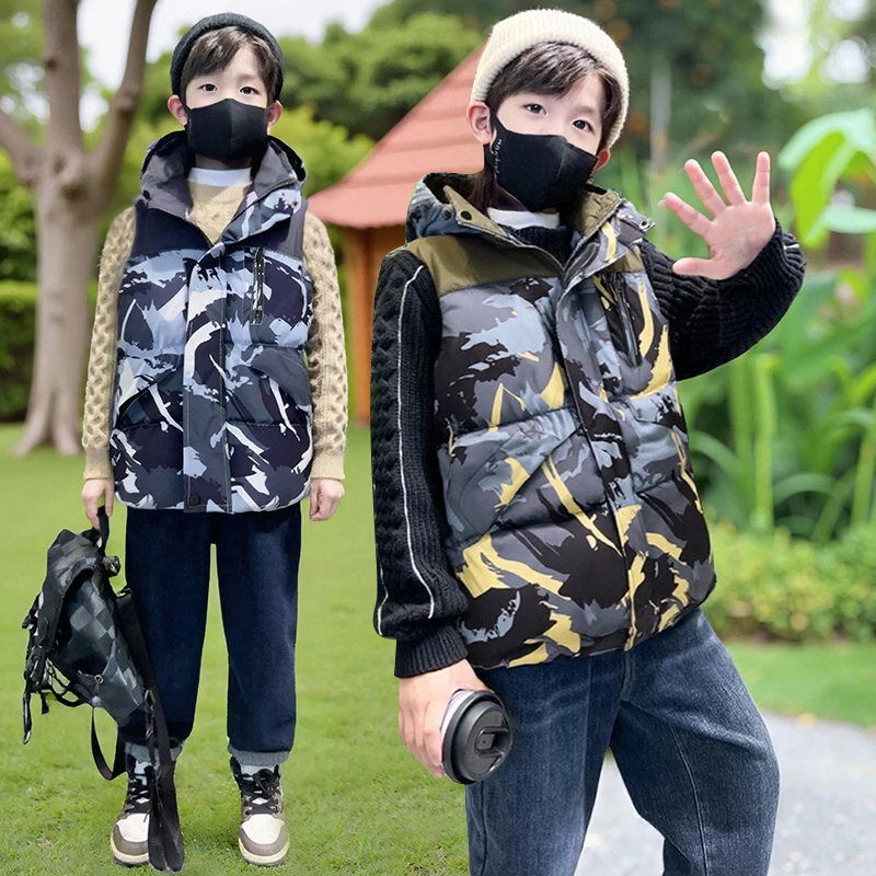 

Elegant Warm Winter Clothing Hooded Vest for Teenager Boy Girls Fashion Camouflage Waistcoat with Hoodies Kids Autumn Tops 5-14Y
