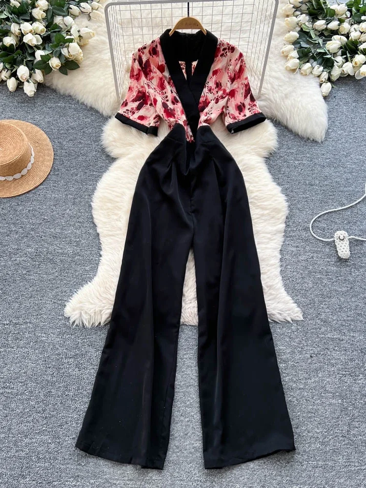 夏の女性の半袖オフィスレディカジュアルジャンプスーツファッショナブルでエレガントなプリントパッチワークワイドレッグストレートレッグパンツ C311