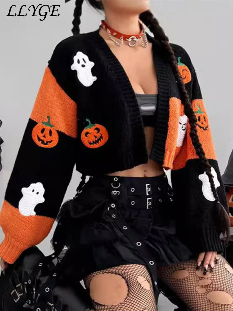 Halloween Pumpkin Print Knit Cardigan Women Panelled V-neck Lantern Sleeve Short Sweater 2024 Autumn Winter Lady Cozy Knitwear