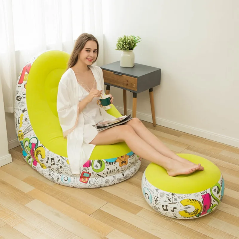 

Inflatable Lounge Chair With Foot Rest Flocking Lazy Sofa Set For Home Office Camping Graffiti Pattern Flock Couch Pouffe Table