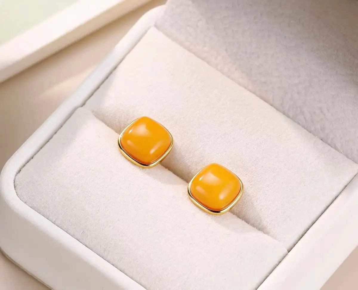 

Сертифицированные серьги-пусеты из 18-каратного золота с позолотой, натуральным медовым янтарем в форме подушки, серебро 925 пробы, настоящий желтый камень, изысканные серьги для женщин, подарок на день рождения