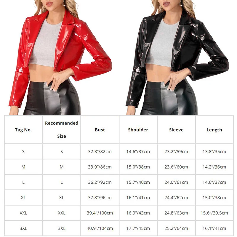 Women Glossy Patent Leather Lapel Cropped Coat Long Sleeve Jackets Lady Wet Look Clubwear Short Coat Cosplay Party Costume