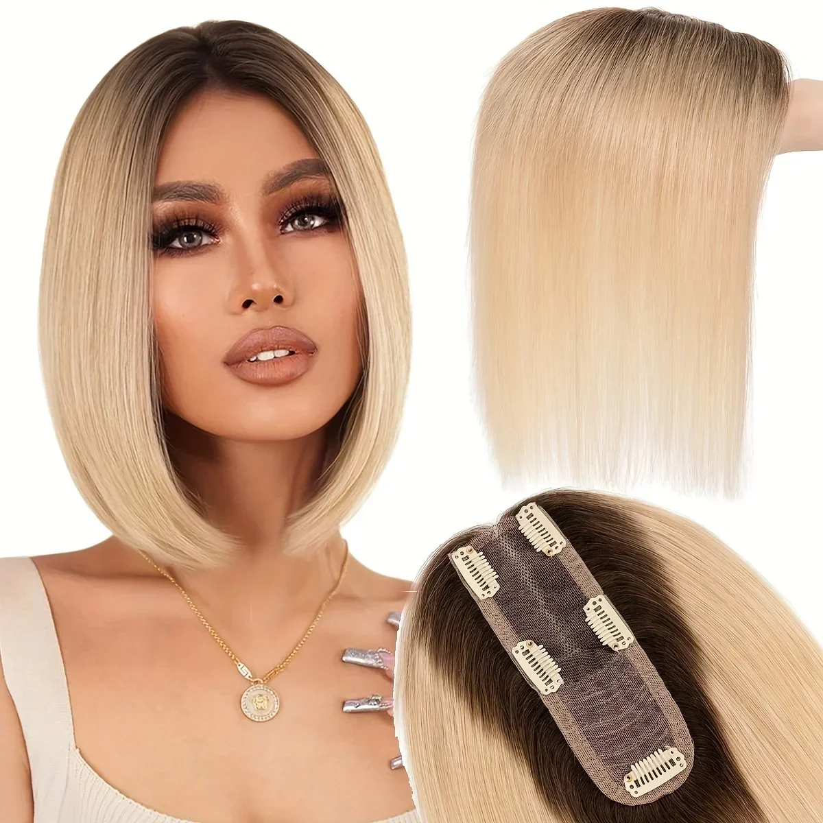 PROKYVITY 100% Human Hair Topper สําหรับผู้หญิงคลิปในฐานผ้าไหม Hairpiece (2.25 "x 6") สําหรับผมบางสีเทาครอบคลุมและปริมาณ