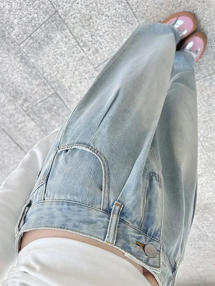 Summer High Waist Loose Women Jeans Slimr Fashion Street Woman Jeans Blue New Simple Basic Straight Leg Pants Female Chicly