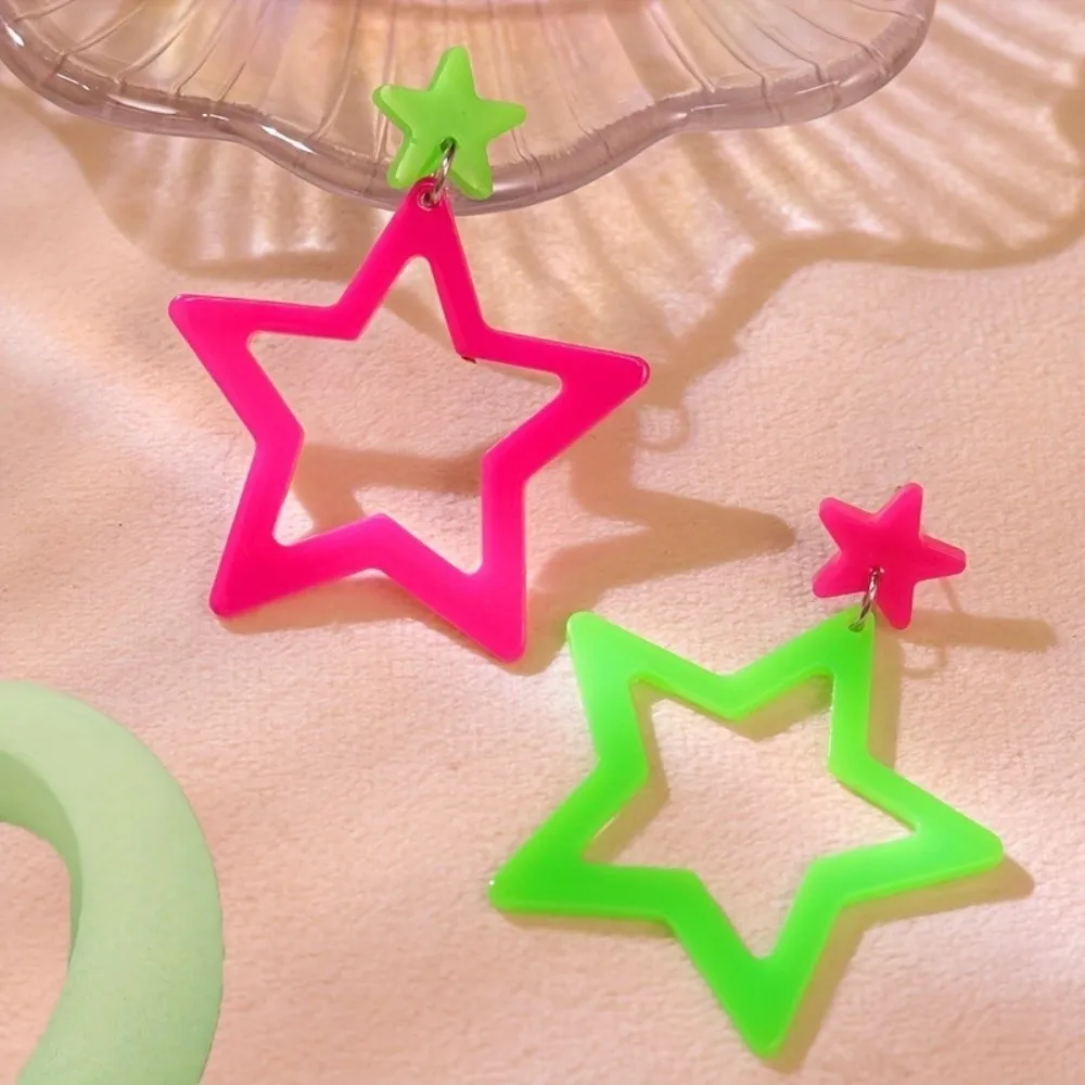 Lightweight Y2K Star Pendant Earrings Geometric Pentagram Neon Bright Geometric Earrings Hollow Star Earrings Daily Wear