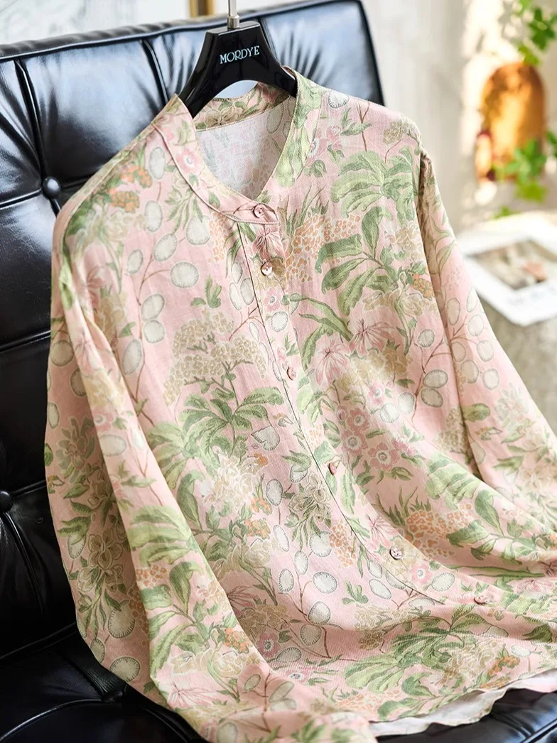 

Элегантный топ миди с цветочным принтом и длинными рукавами в стиле Dong Fang Aesthetic, коллекция Branching Spring Deep 00, из льна, повседневный, для офиса