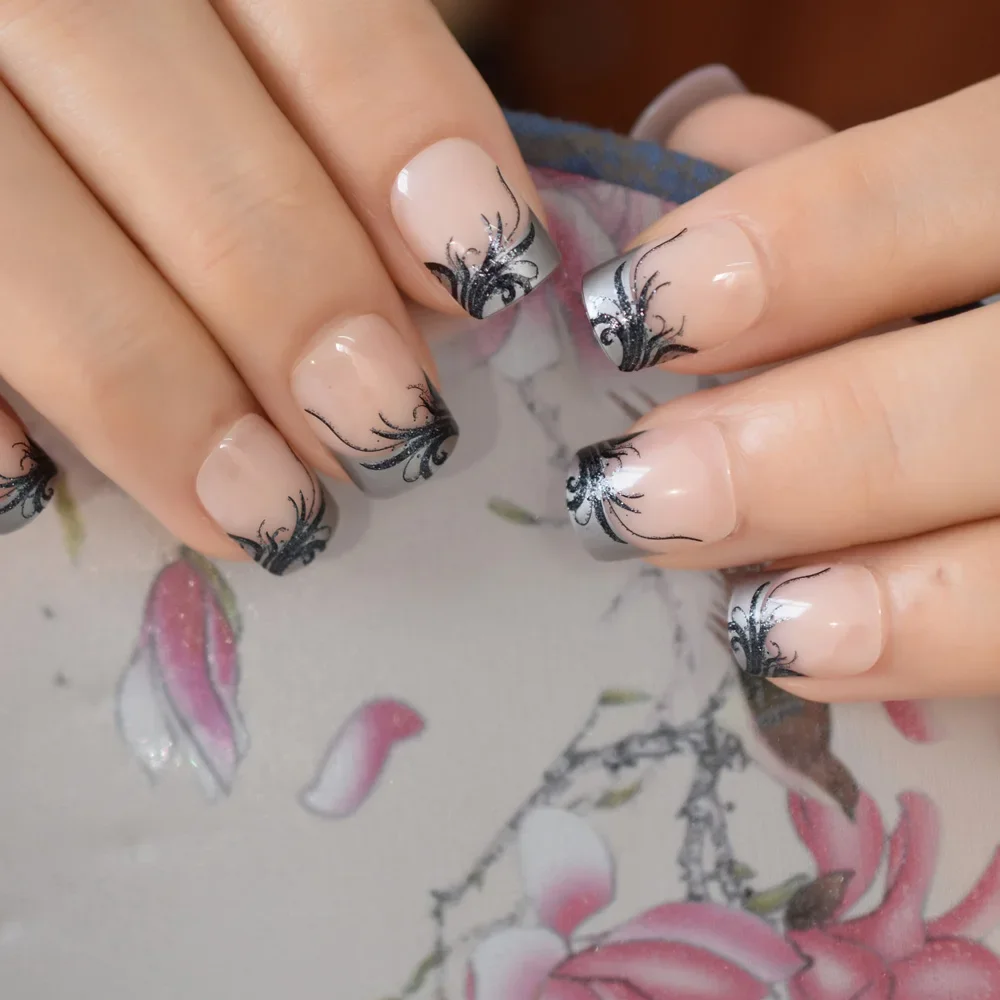 Square Short French Fake Nails with Flower Pattern Decoration