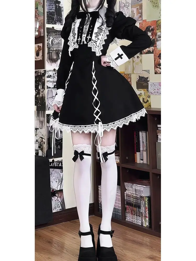 블랙 윈터 로리타 드레스 세트 따뜻한 케이프와 스퀘어 넥 드레스 허리 슬림 고딕 스위트 로리타 의상 우아한 클래식 스타일 세트